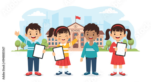 Four diverse elementary school students holding blank tablets stand happily in front of a classic school building with a clock.