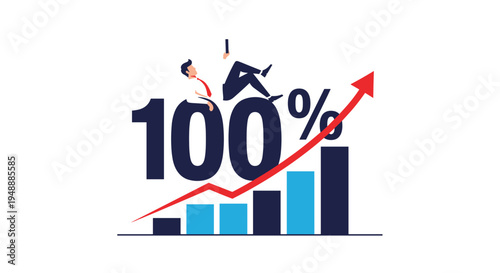 Ambitious businessmen sit on top of a large one hundred percent sign next to a rising bar graph indicating financial success.