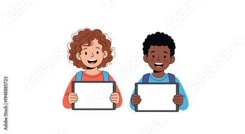 Two young students holding up blank digital tablets with white screens for educational presentations or software demos.