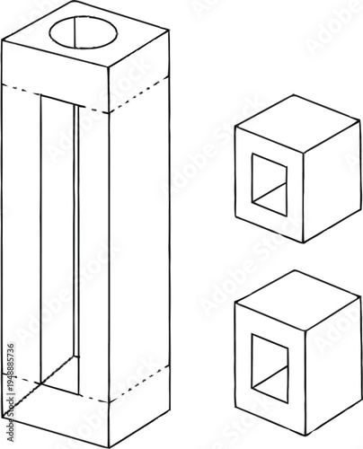 Technical 3d isometric wireframe drawing of vertical column and cube blocks on transparent background for engineering