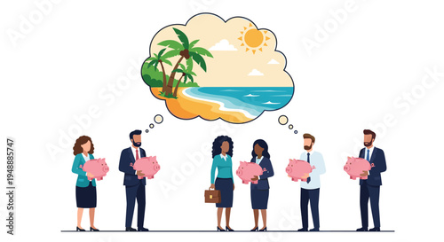 Group of business people holding pink piggy banks and dreaming of a tropical beach vacation in a large thought bubble.