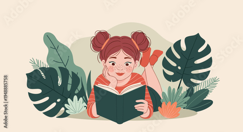Young girl with pigtails lying on her stomach in the grass while reading a book surrounded by tropical green leaves.