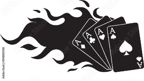Four aces playing cards with black flames graphic art featuring poker, casino, gambling with fire and hot elements for lucky, win projects, clean