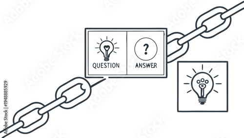 Problem solving idea question answer link,  Vector illustration shows a single chain link connecting two distinct panels. The left panel clearly displays the word "QUESTION" below a lightbulb, 