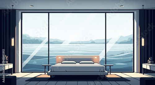 Modern bedroom with large window overlooking serene ocean view and mountains minimalist interior design