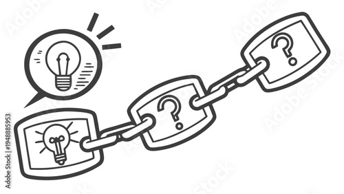 Business chain unknown process unresolved ideas,  A linear chain of three interconnected screens or panels is depicted in simple vector line art. The first screen contains a glowing lightbulb,