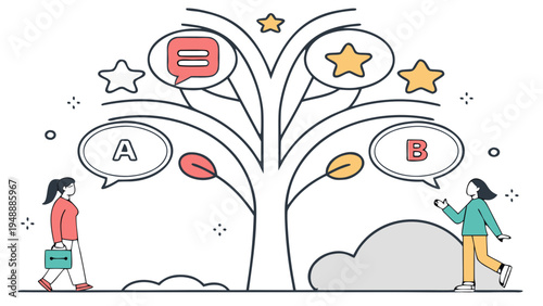Strategic decision making choices A B path,  This clean vector illustration shows a stylized tree with branches leading to different options. A speech bubble with "A" and another with "B" stand 