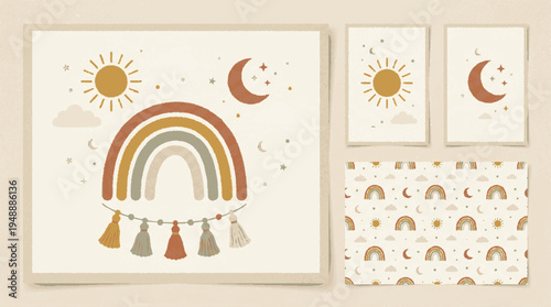 Boho rainbow nursery decor vector illustration with sun moon and tassels