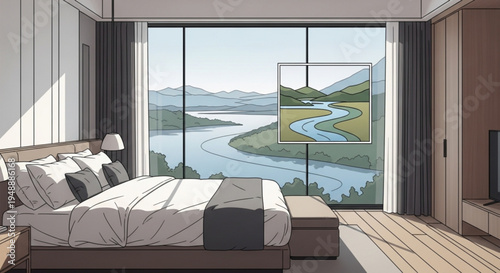 Modern bedroom with river view serene landscape painting and wooden floor