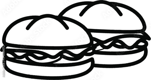 Two cartoon style hamburgers or burgers with buns and filling outline illustration isolated on transparent background
