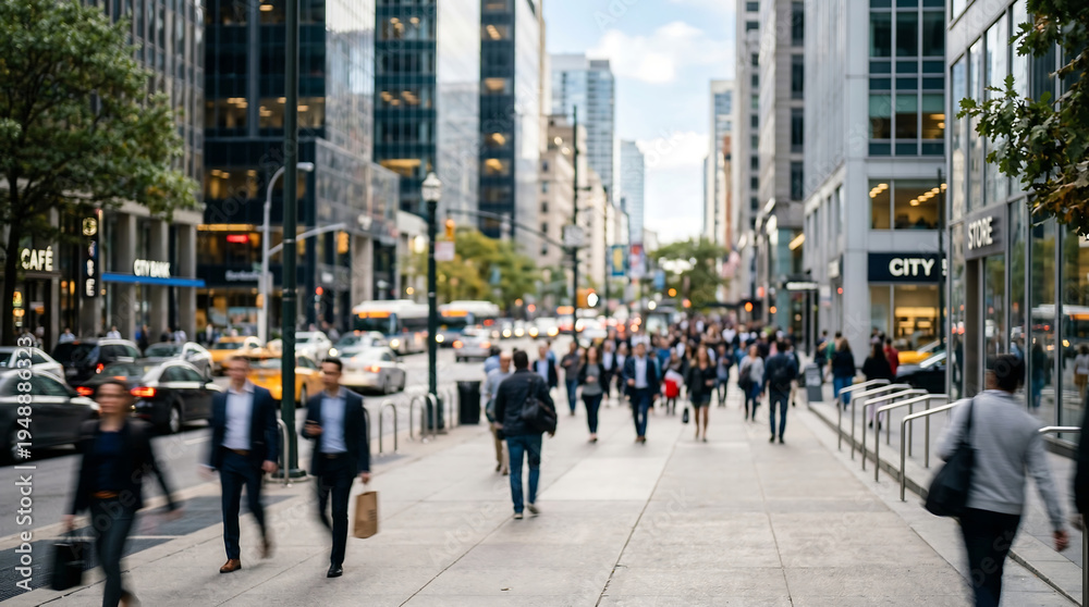 Obraz premium Bustling business crowd walking on city sidewalk with skyline background