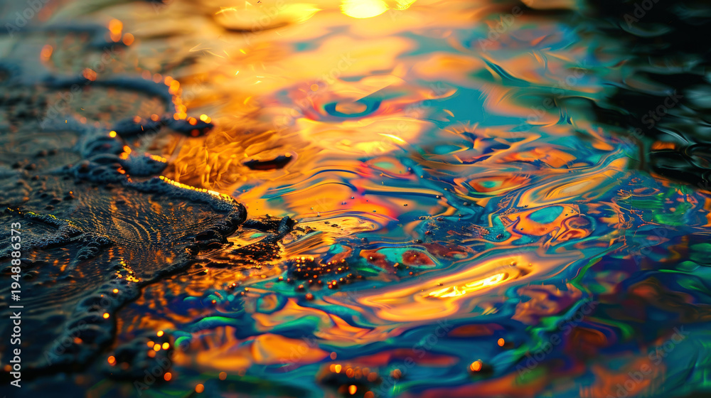 Fototapeta premium Rainbow-colored oil slick on surface of water: river, sea, ocean. Environmental damage: danger to humans, marine ecosystem, flora, and fauna. In rays of setting sun.