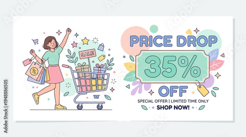 Happy Woman With Shopping Cart and Price Drop Discount Banner