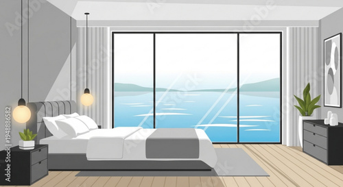 Modern bedroom interior with ocean view minimalist decor large window comfortable bed and stylish furniture