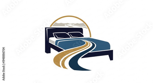 Modern hotel bed with blue and gold comforter and pillows abstract archway behind