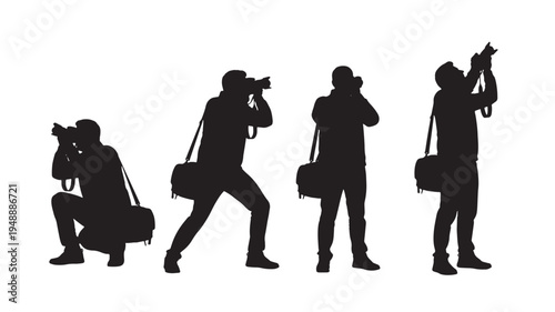 Photographers with cameras and bags depicted in black silhouette from various dynamic poses capturing moments and scenes