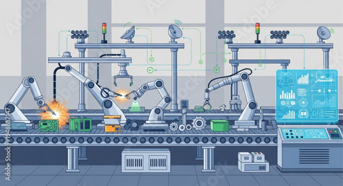 Automated Factory Assembly Line With Robotic Arms.