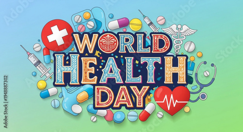 World health day medical icons and pills on blue green background health awareness concept
