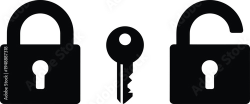 Black and white of a locked padlock, a key, and an unlocked padlock