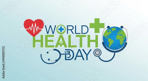 World health day logo with stethoscope globe and heart symbol on light blue background