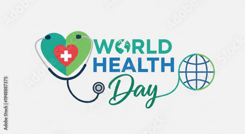 World health day logo with heart stethoscope and globe on white background symbolizing global health awareness