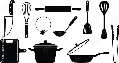 Black and white kitchen utensils and tools arranged on a plain background