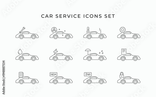 Car service line art outline style icons set. Car auto center repair and maintenance symbol icon sign. Editable stroke vector illustration