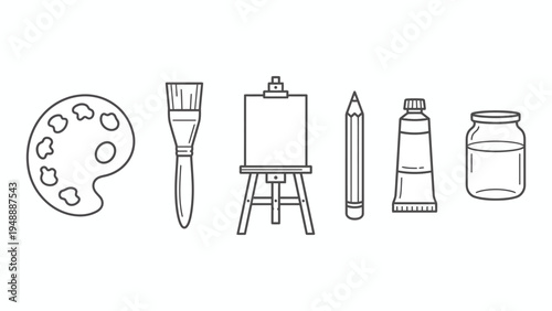 A line art illustration of various art supplies including a palette, paintbrush, easel, pencil, paint tube, and jar, depicting creative tools.