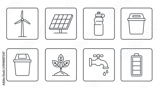 Line art icons representing various environmental and sustainability concepts like renewable energy, recycling, water conservation, and plant growth.