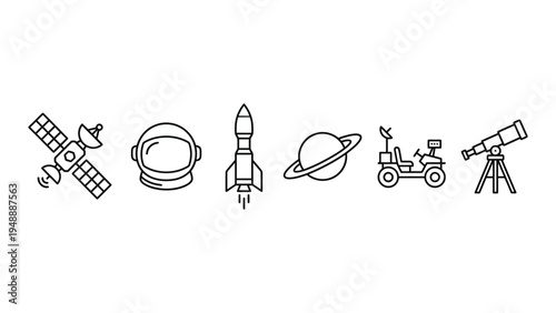 Line art icons depicting various space exploration elements such as a satellite, astronaut helmet, rocket, planet, rover, and telescope.