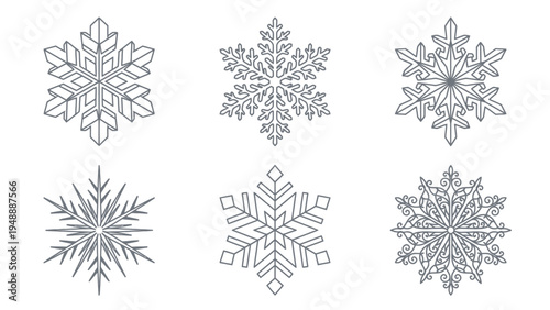 Six intricate line art snowflake designs on a white background, showcasing unique winter ice crystal patterns.