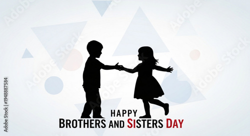 Silhouette of happy brother and sister holding hands on brothers and sisters day with geometric background