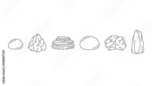 A collection of various hand-drawn outline illustrations of different shapes and types of rocks and stones, including pebbles, jagged rocks, and stacked stones.