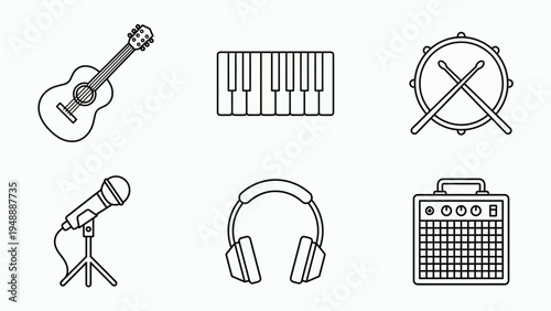 Six line art icons of musical instruments and audio equipment including guitar, piano, drums, microphone, headphones, and amplifier.