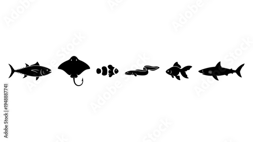 Six black silhouettes of various aquatic animals including a tuna, stingray, clownfish, eel, goldfish, and shark on a white background.