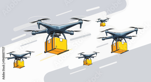 Group of delivery drones flying quickly carrying yellow packages in a light gray sky with motion blur.