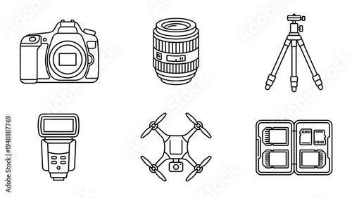 Line art icons of various photography and videography equipment including camera, lens, tripod, flash, drone, and storage case.