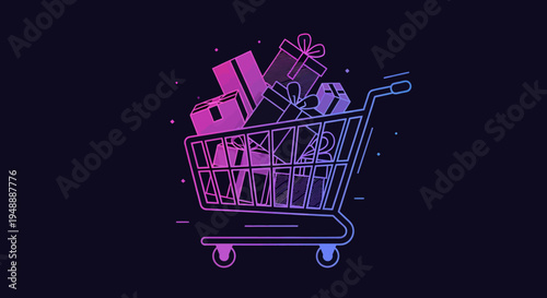 Illuminated Neon Shopping Cart Overflowing with Gifts and Presents on a Dark Background, Holiday Shopping