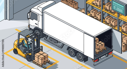 Forklift Loading Pallets of Goods into a Delivery Truck at an Industrial Warehouse for Shipping
