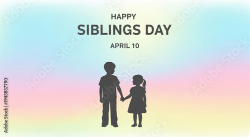 Silhouette of siblings holding hands on colorful background celebrating siblings day on april 10th with pastel rainbow sky