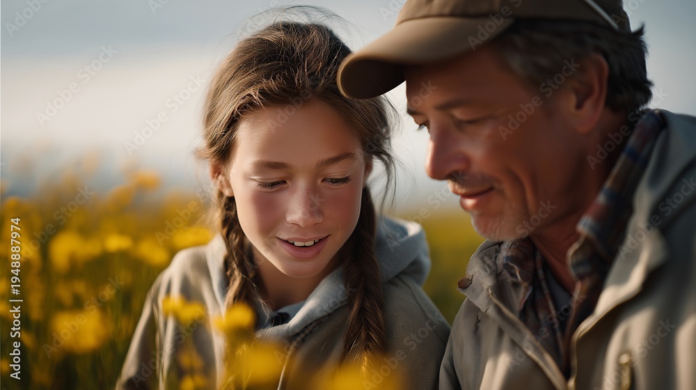 Fototapeta premium Grandfather teaching grandson to identify spring wildflowers through augmented reality nature guide overlaying botanical data on real plants in meadow, perfect for AR glasses educational technology