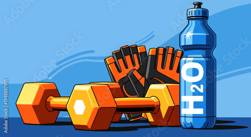 Fitness Dumbbells, Water Bottle, and Baseball Gear on Blue Background.