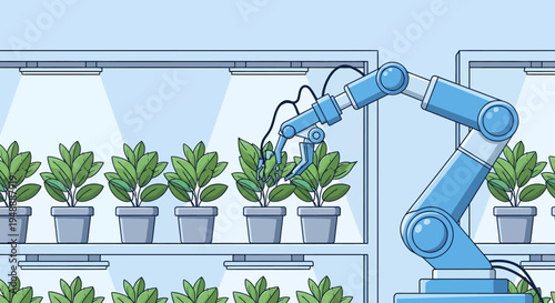 Robotic Arm Cultivating Potted Plants in a Modern Vertical Farm.