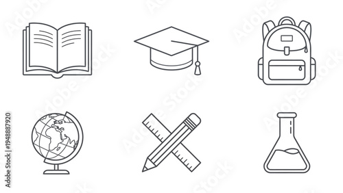 A set of six outline icons representing education and school supplies, including a book, graduation cap, backpack, globe, pencil with ruler, and a laboratory flask.
