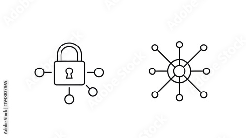 Line art icons depicting network security and data distribution concepts.