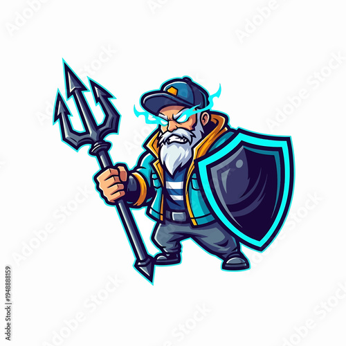 Navy pirate guardian with trident and shield in cartoon style