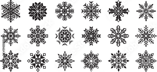 Collection of unique black snowflakes on white background