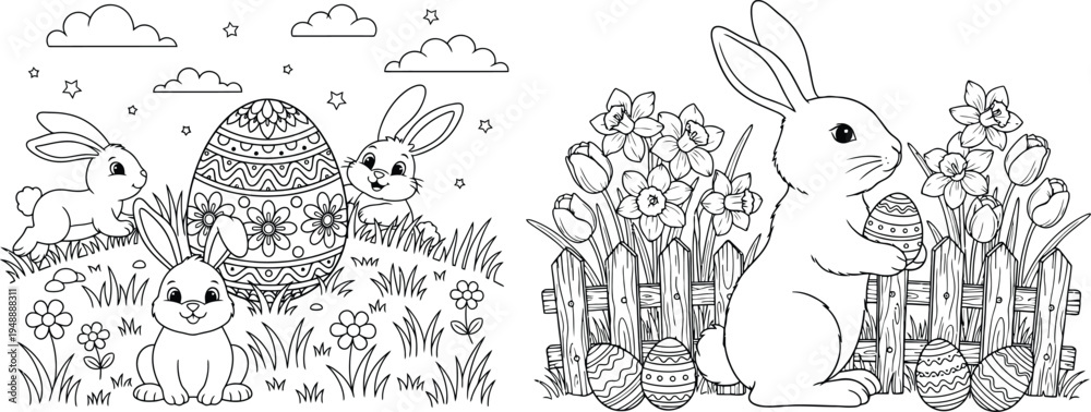 Naklejka premium Easter Eggs Coloring Book with Cute Bunnies and Spring Flowers