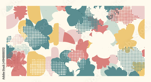 risograph print texture, abstract color blocks, halftone dot field, distressed grunge print, flower silhouettes, spring botanical motif, collage poster background, layered floral design, textured pape