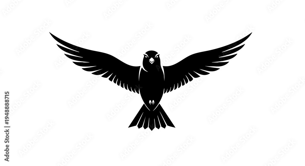 Fototapeta premium Black bird silhouette with spread wings, flying hawk or eagle vector icon, majestic soaring falcon graphic isolated on white background